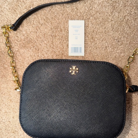 Tory Burch Emerson Round Crossbody Black Saffiano Gold Chain with tag - Picture 15 of 15